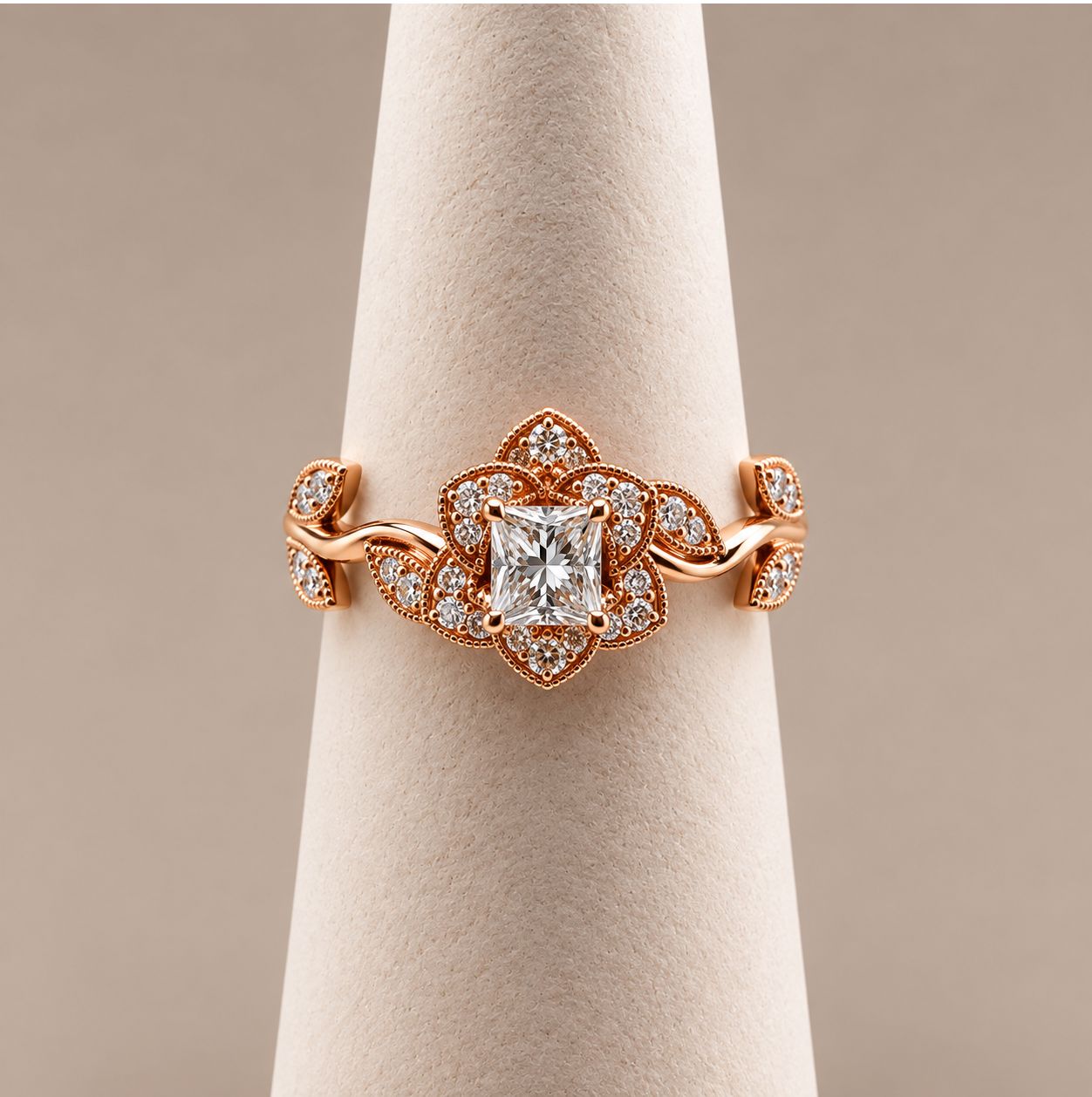 Rose Gold Long Stem Princess Cut Diamond Ring