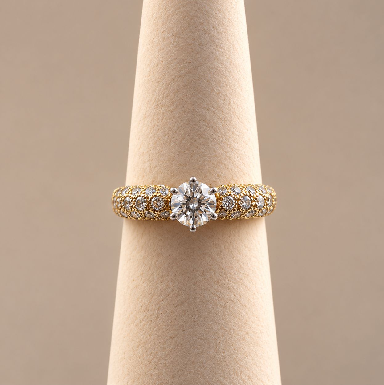 Round Diamond Solitaire with Multi-Row Pave Domed Gold Band