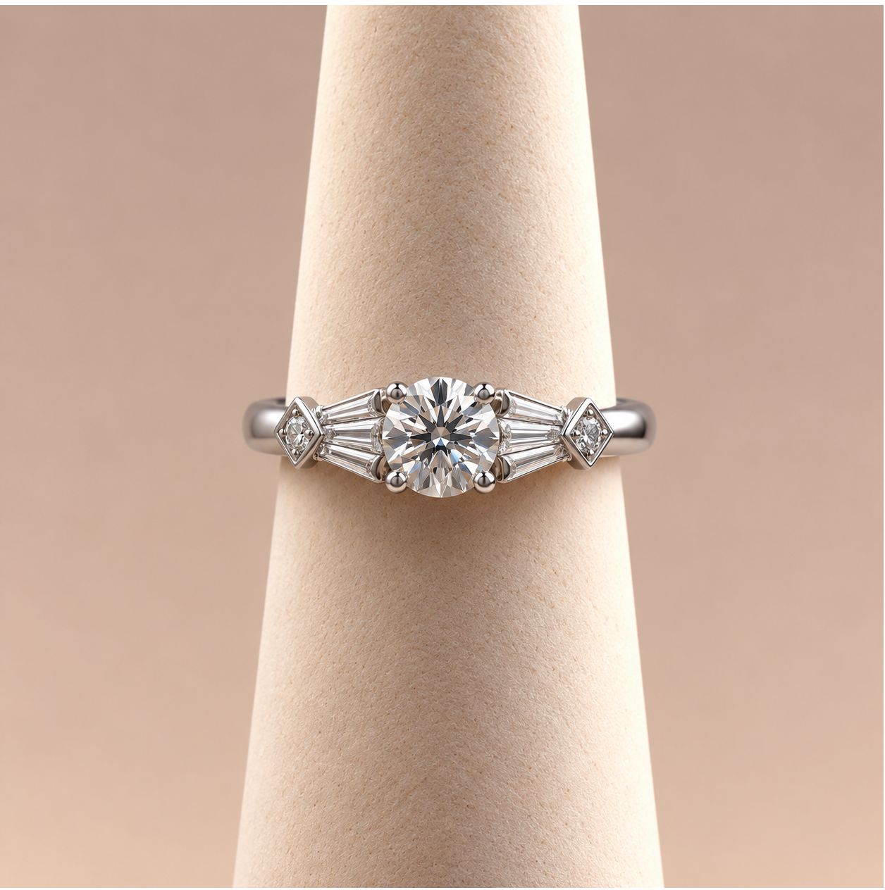 Round Diamond Ring with Tapered Baguette Fan Accents