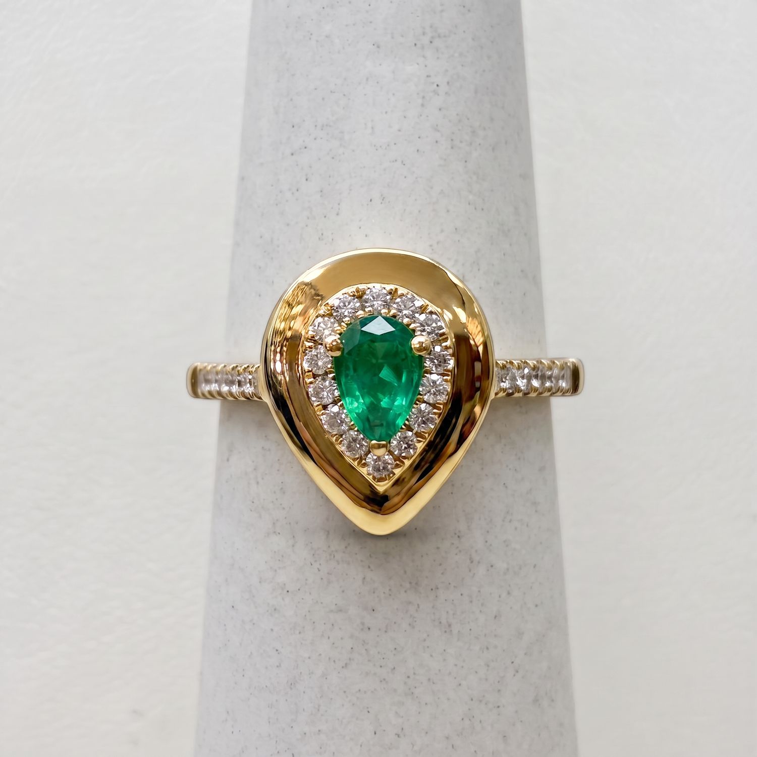 Gold Emerald Diamond Halo Pear Ring (3.6g)