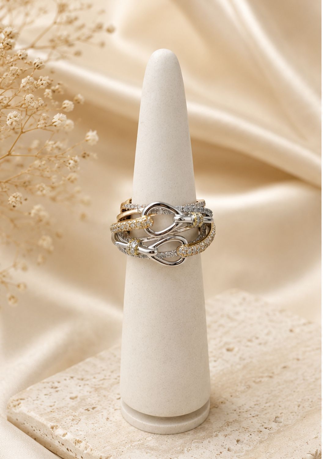 Interlocking Tri-Color Diamond Cocktail Ring (10.7g)