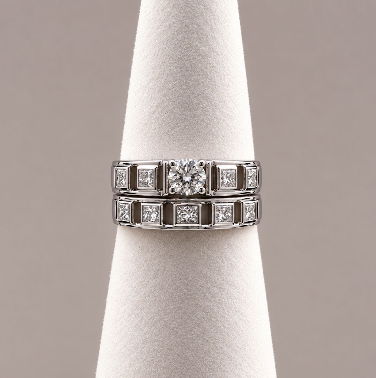 Round Brilliant &amp; Framed Princess-Cut Diamond Bridal Set