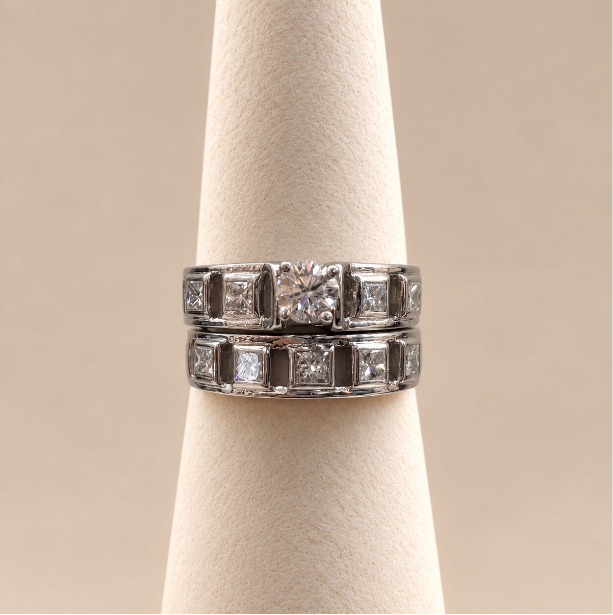 Round Brilliant &amp; Framed Princess-Cut Diamond Bridal Set