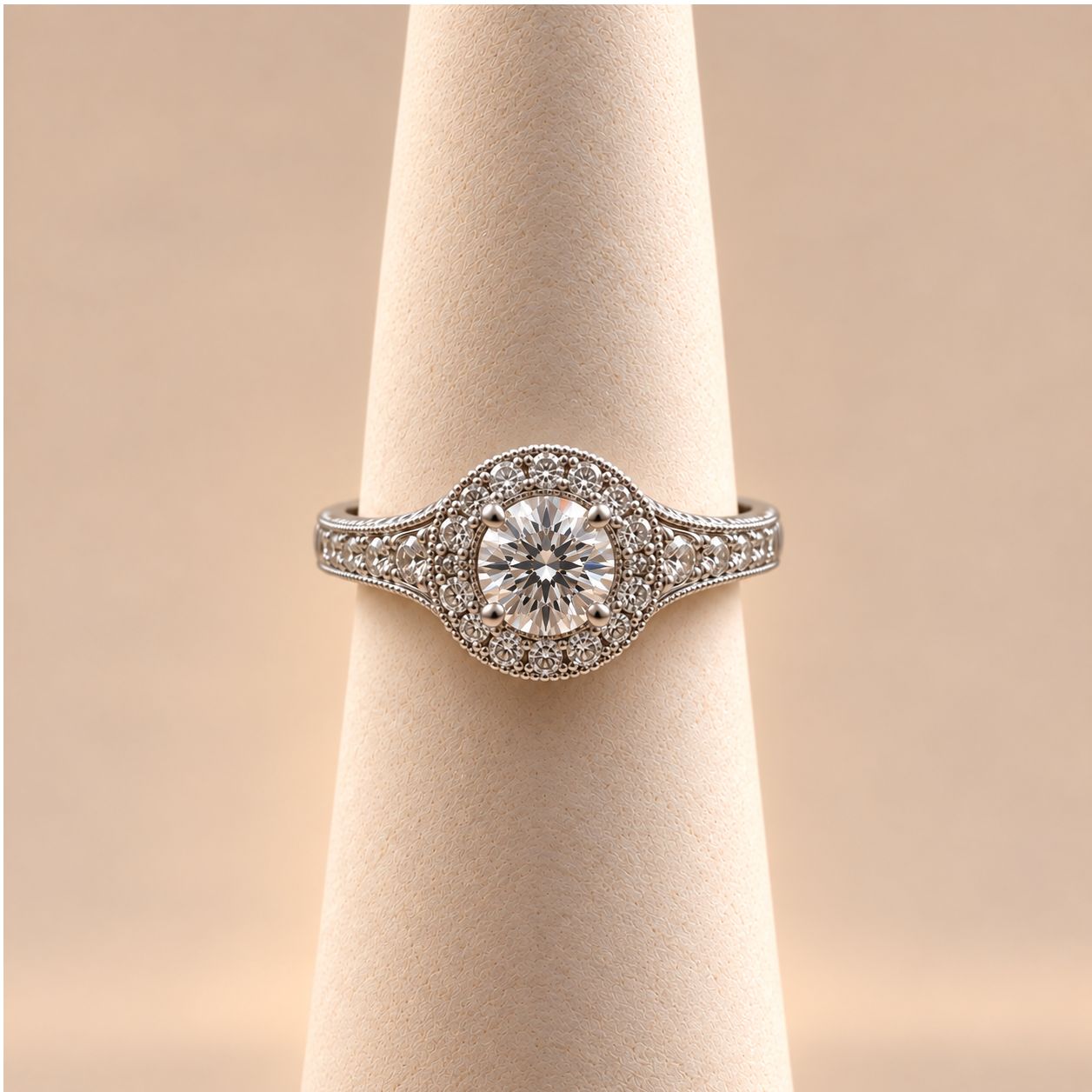 Round Cathedral Halo Diamond Ring with Milgrain Trim