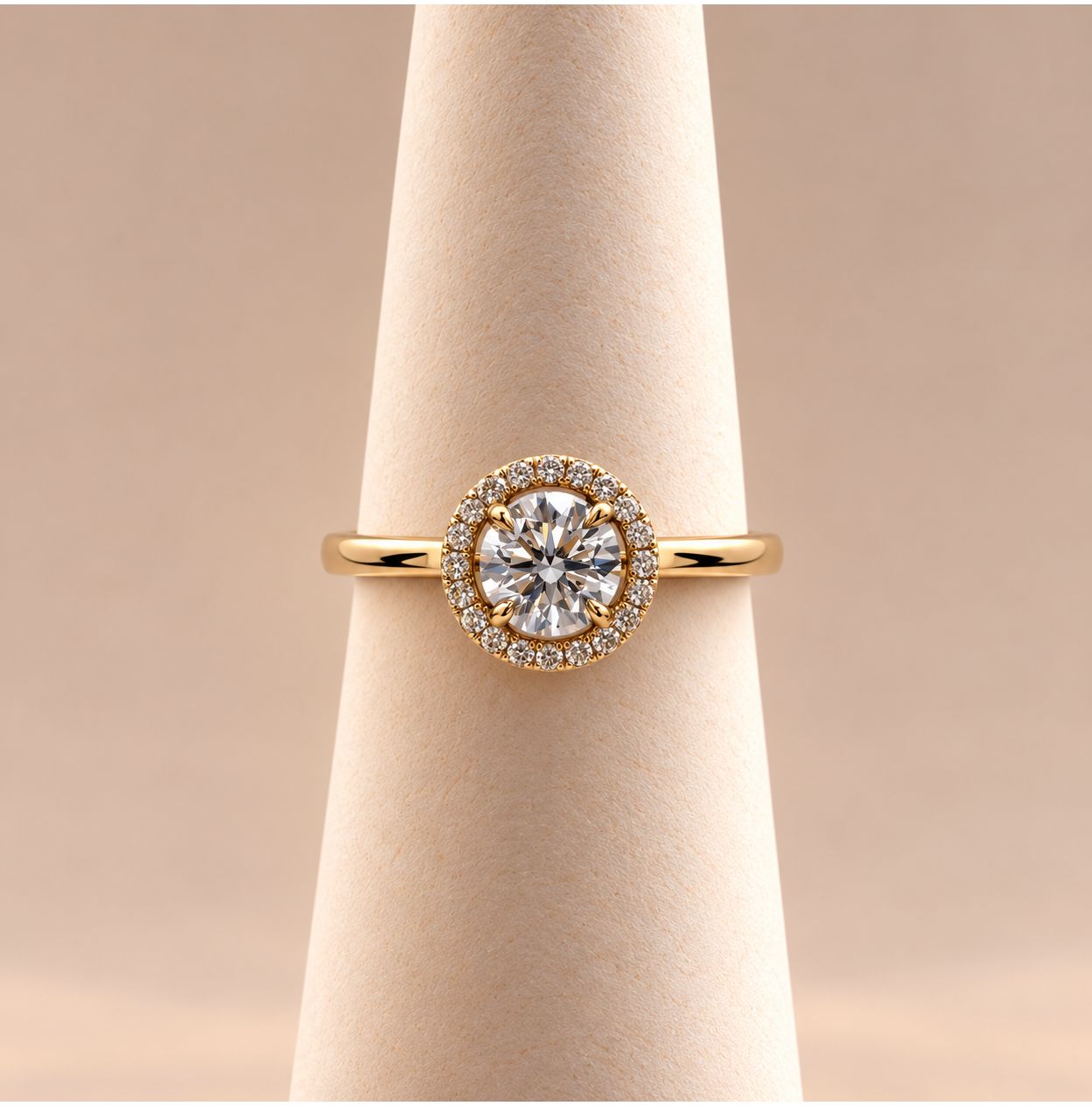 "Mabel" Traditional Round Flush Halo Diamond Ring in Yellow Gold