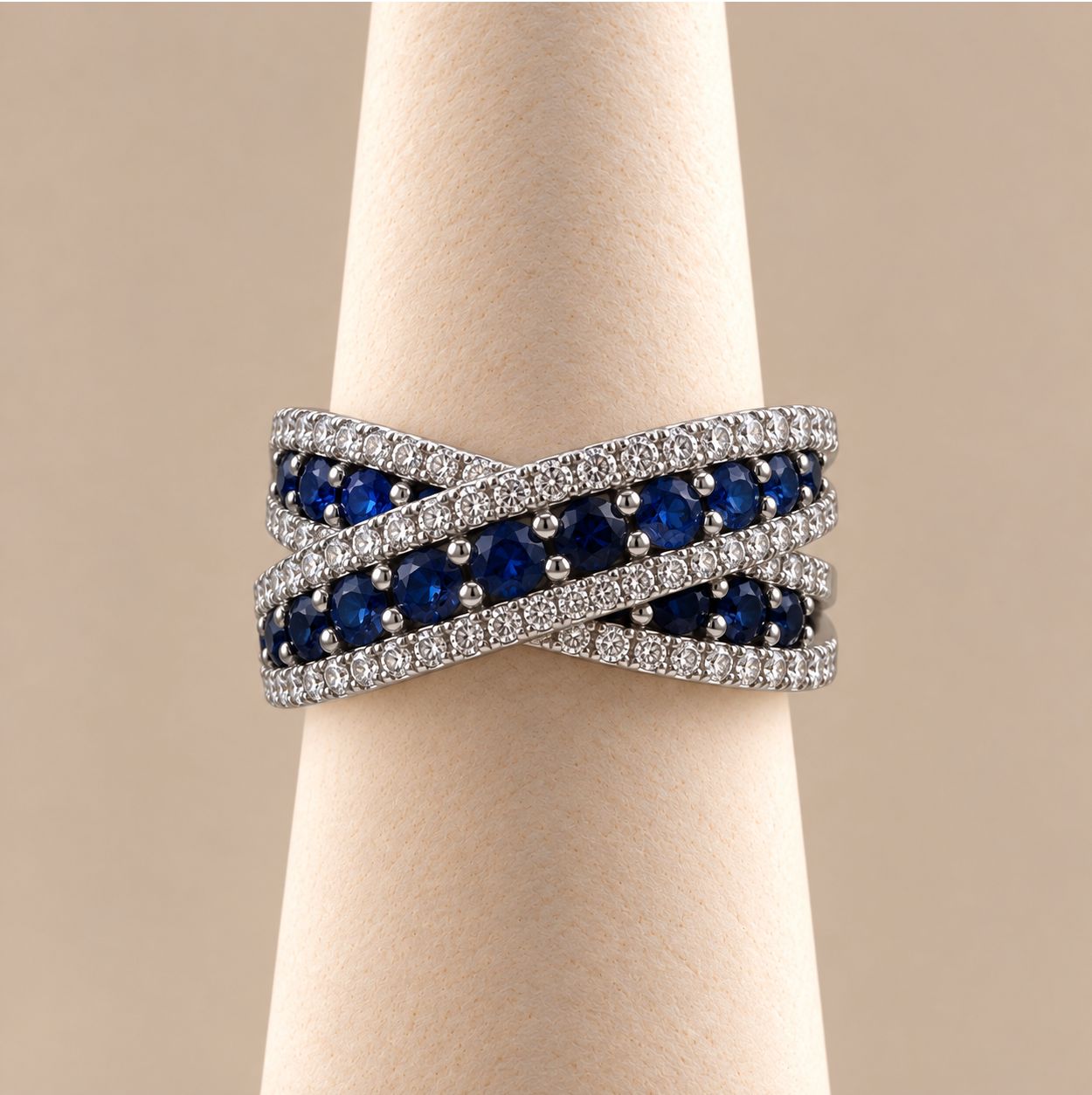 Blue Sapphire and Diamond Multi-Row Crossover Ring (11.0g)