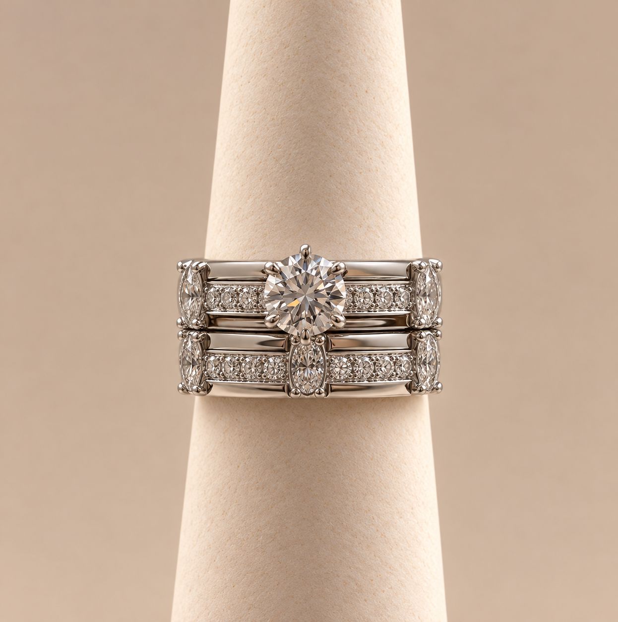 "Viola" Six-Prong Round Solitaire and Engraved Block Bridal Set