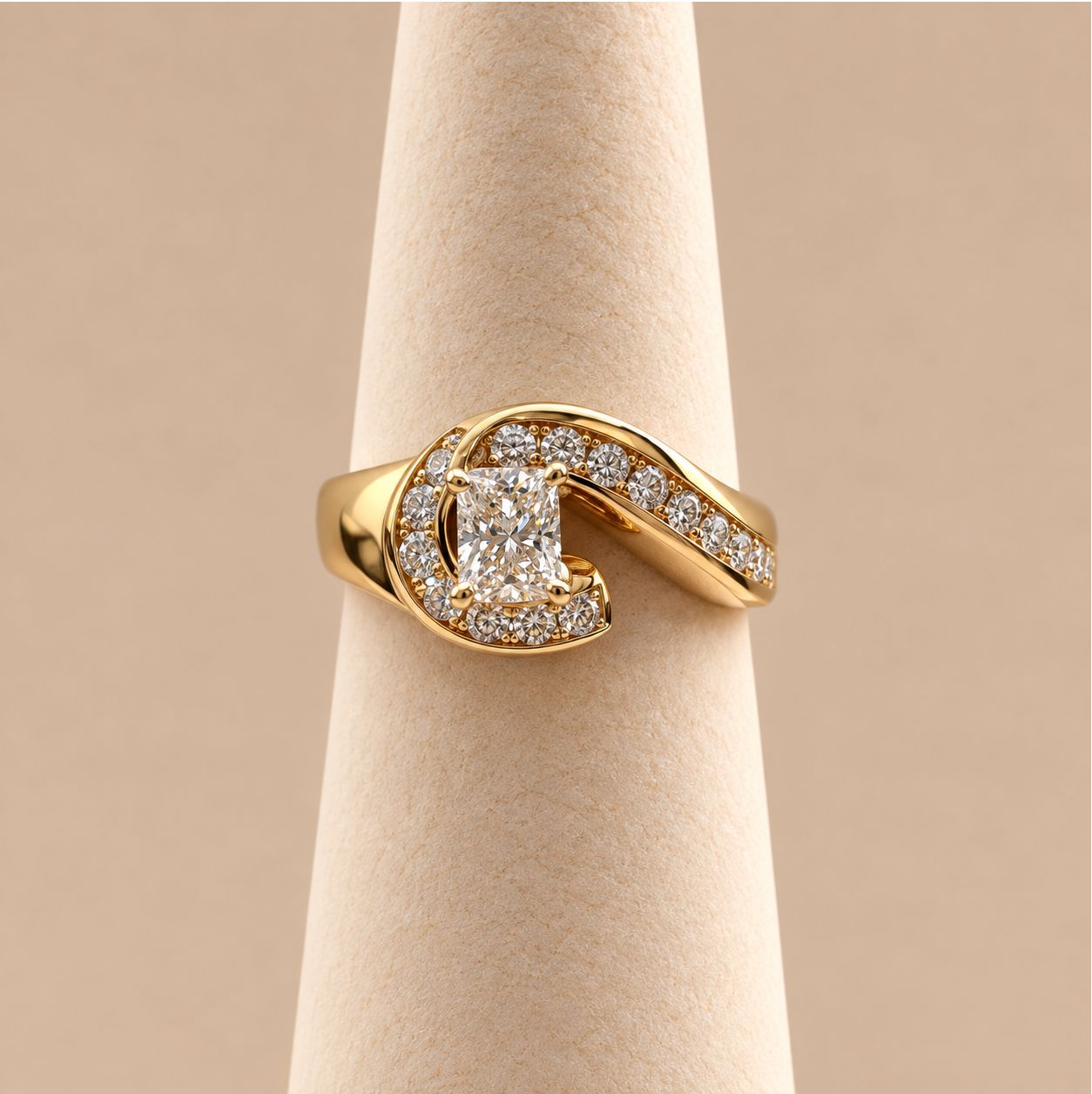 Radiant Cut Gold Bypass Diamond Halo Ring
