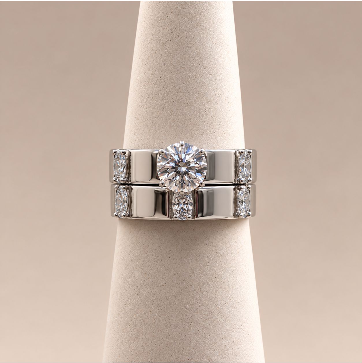 Modern Round Brilliant Diamond Bridal Set with Wide Accent Bands