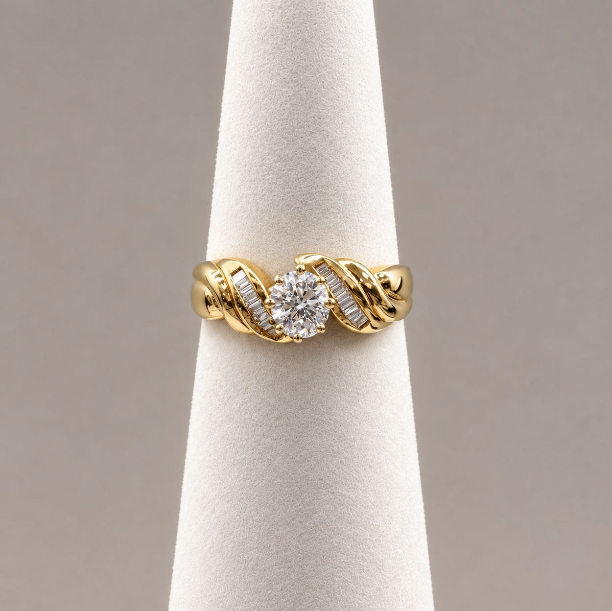 Swirl Cushion Cut Center Stone w/ Baguette Side Gold Ring