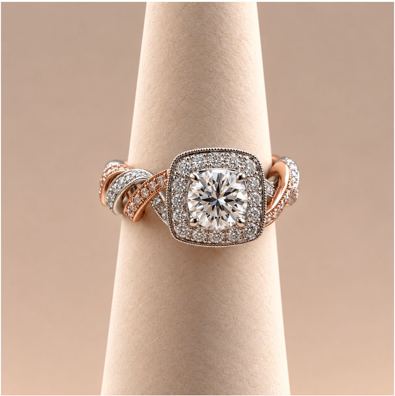 Two-Tone Cushion Halo Diamond Ring with Twisted Shank