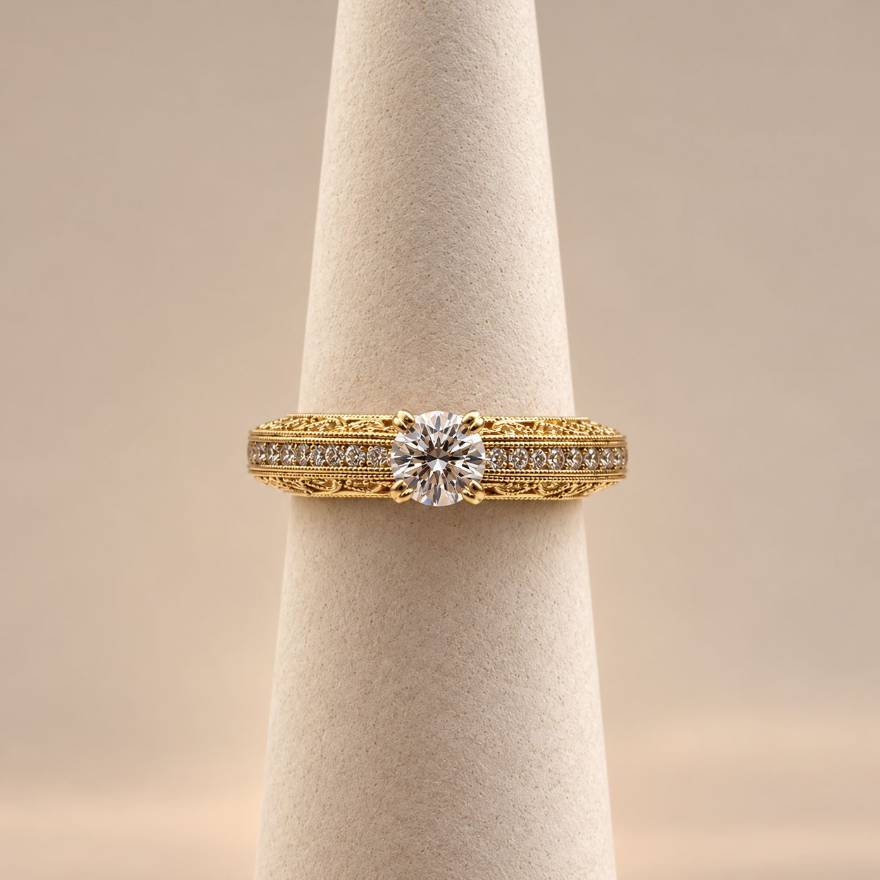 Vintage Hand-Engraved Diamond Solitaire Ring in Yellow Gold