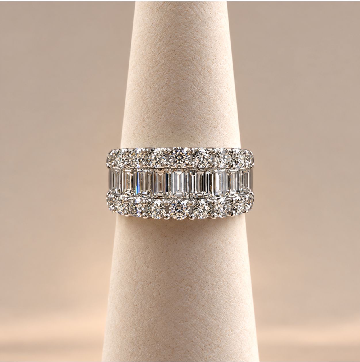 Wide Channel-Set Baguette and Round Brilliant Diamond Statement Ring