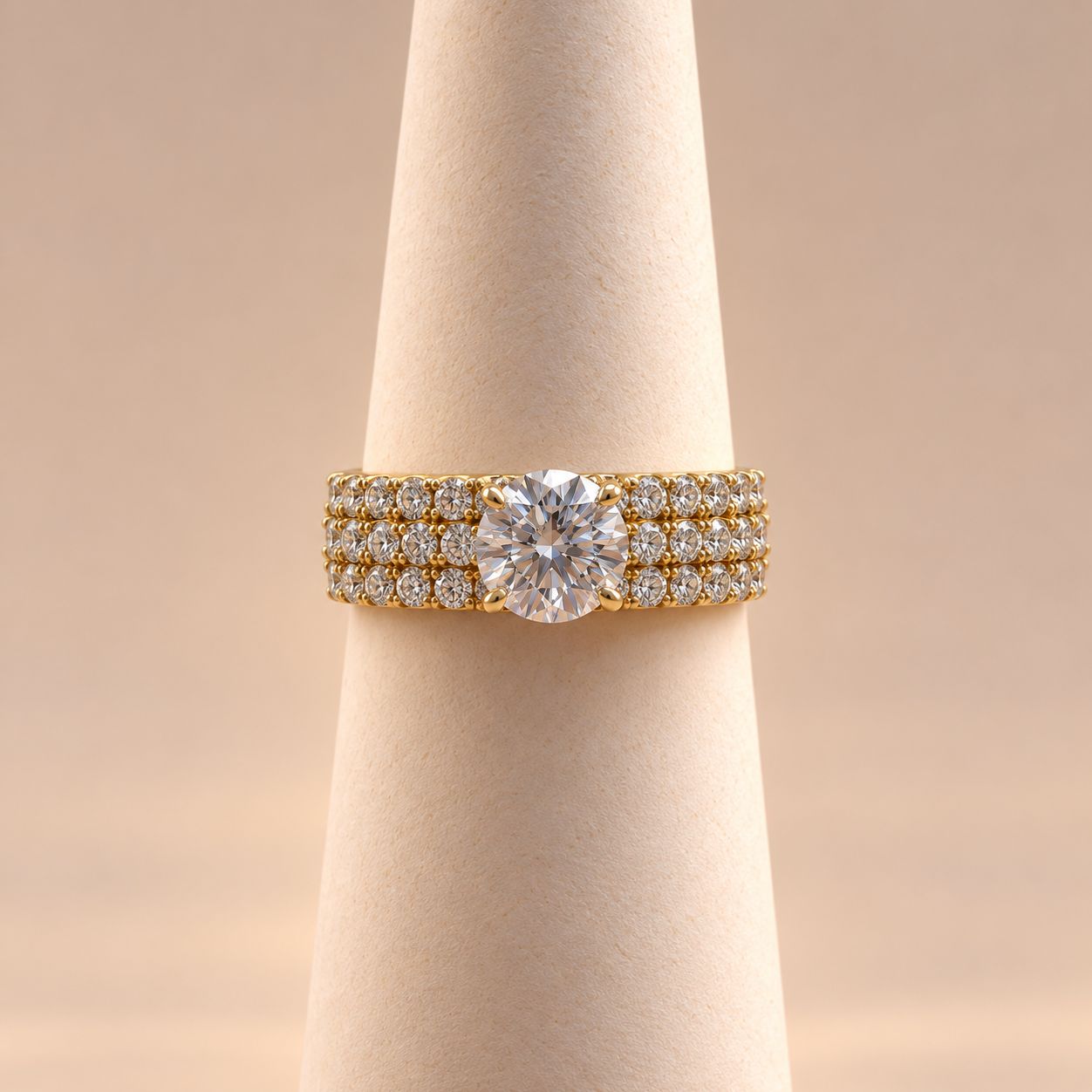 Yellow Gold Three-Row Pavé Diamond Ring
