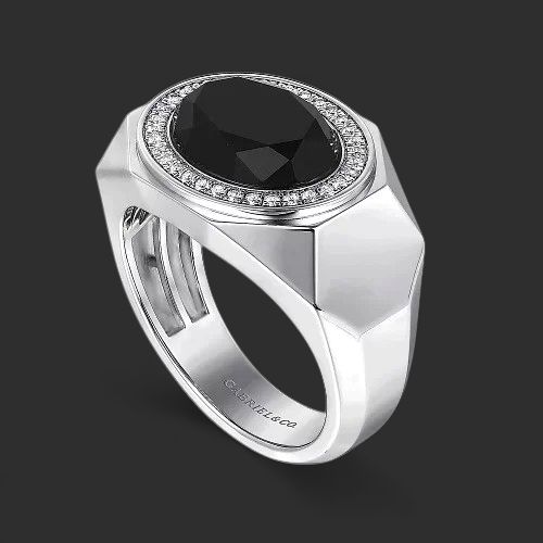 14K White Gold Onyx Mens Ring