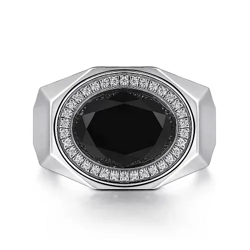 14K White Gold Onyx Mens Ring