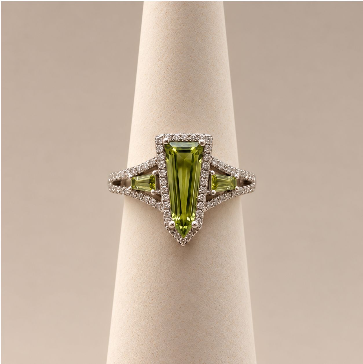 Trapezoid Peridot Ring with Geometric Diamond Halo