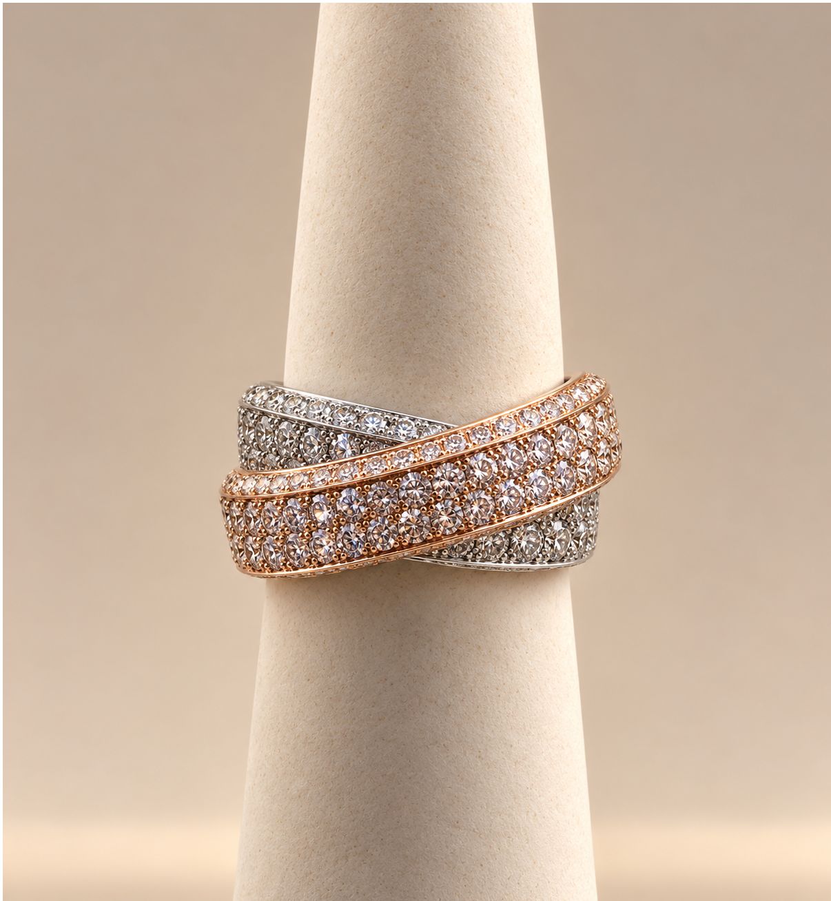 Rose and White Gold Multi-Row Diamond Crossover Ring