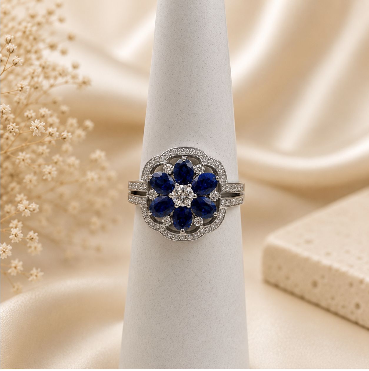 18K White Gold Sapphire Flower Diamond Ring