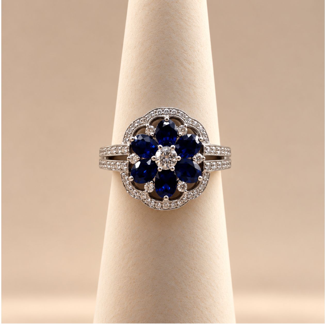 Blue Sapphire and Diamond Flower Cocktail Ring
