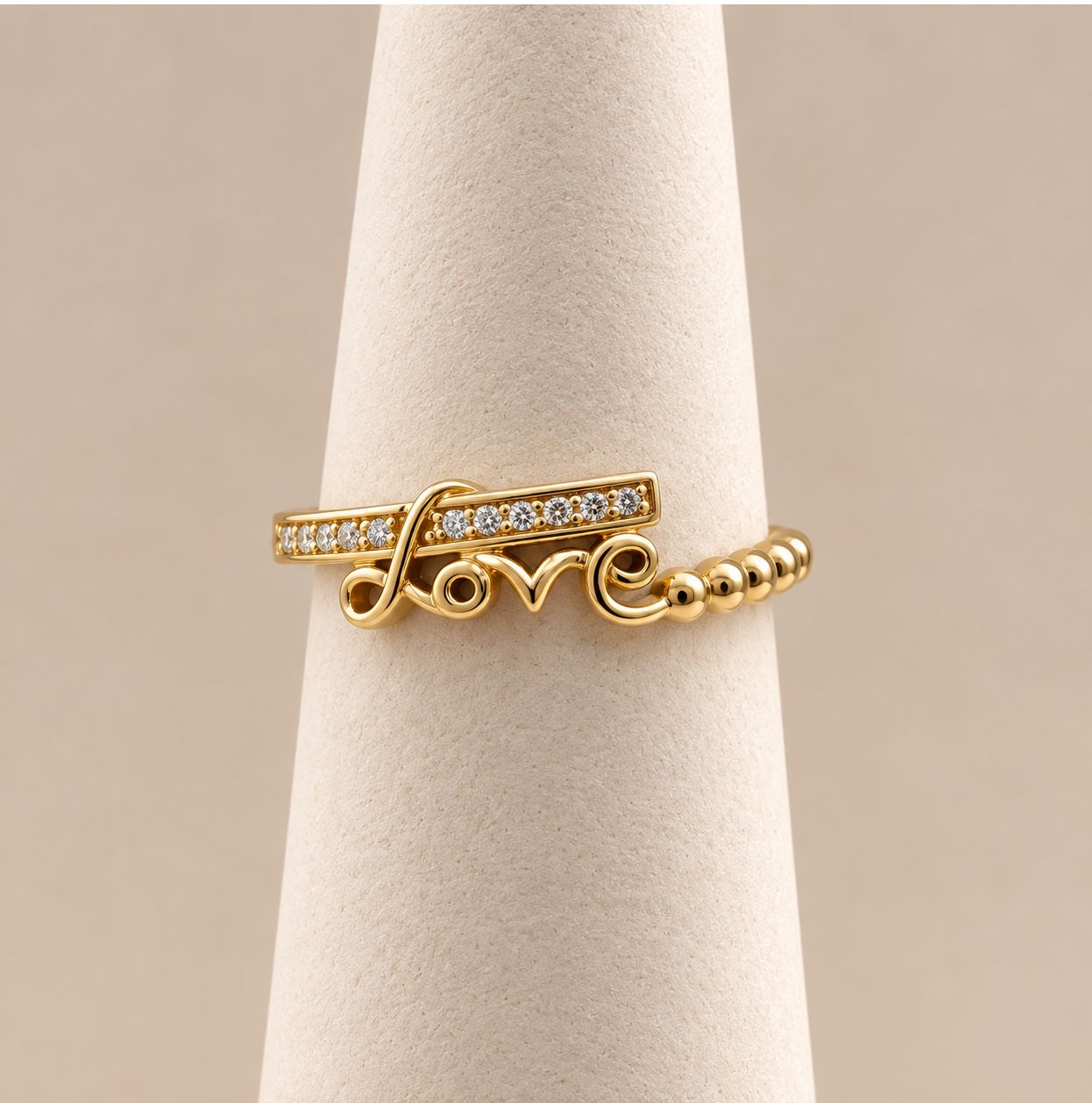 Gold Beaded Love Script Diamond Ring (2.0g)