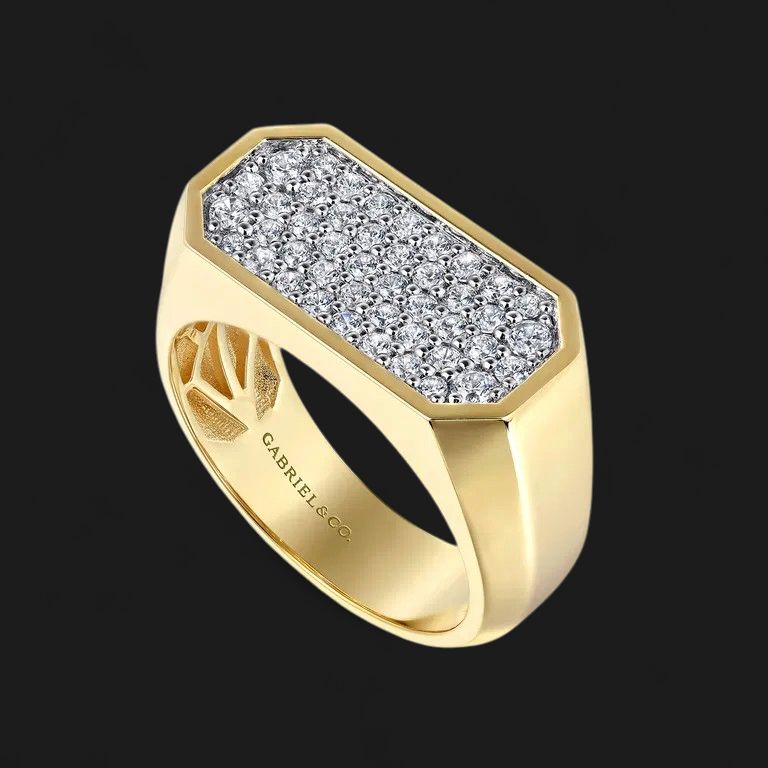 14K Yellow Gold Diamond Pave Men's Ring in High Polish Finish
