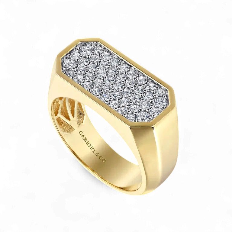 14K Yellow Gold Diamond Pave Men's Ring in High Polish Finish