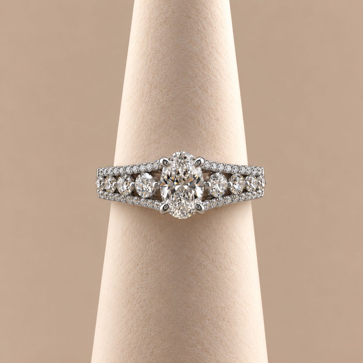 "Angel" Oval Brilliant Diamond Ring with Round Side Stones