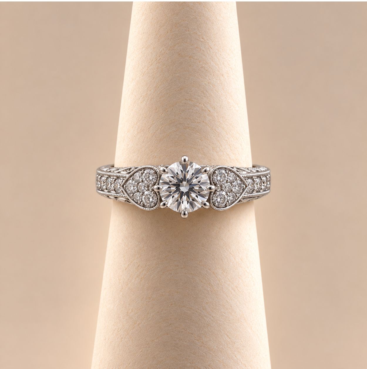 Six-Prong Round Diamond Solitaire with Pavé Heart Shoulders
