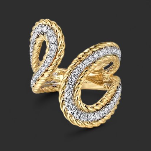 14K White and Yellow Gold Rope Diamond Bypass Ladies Ring