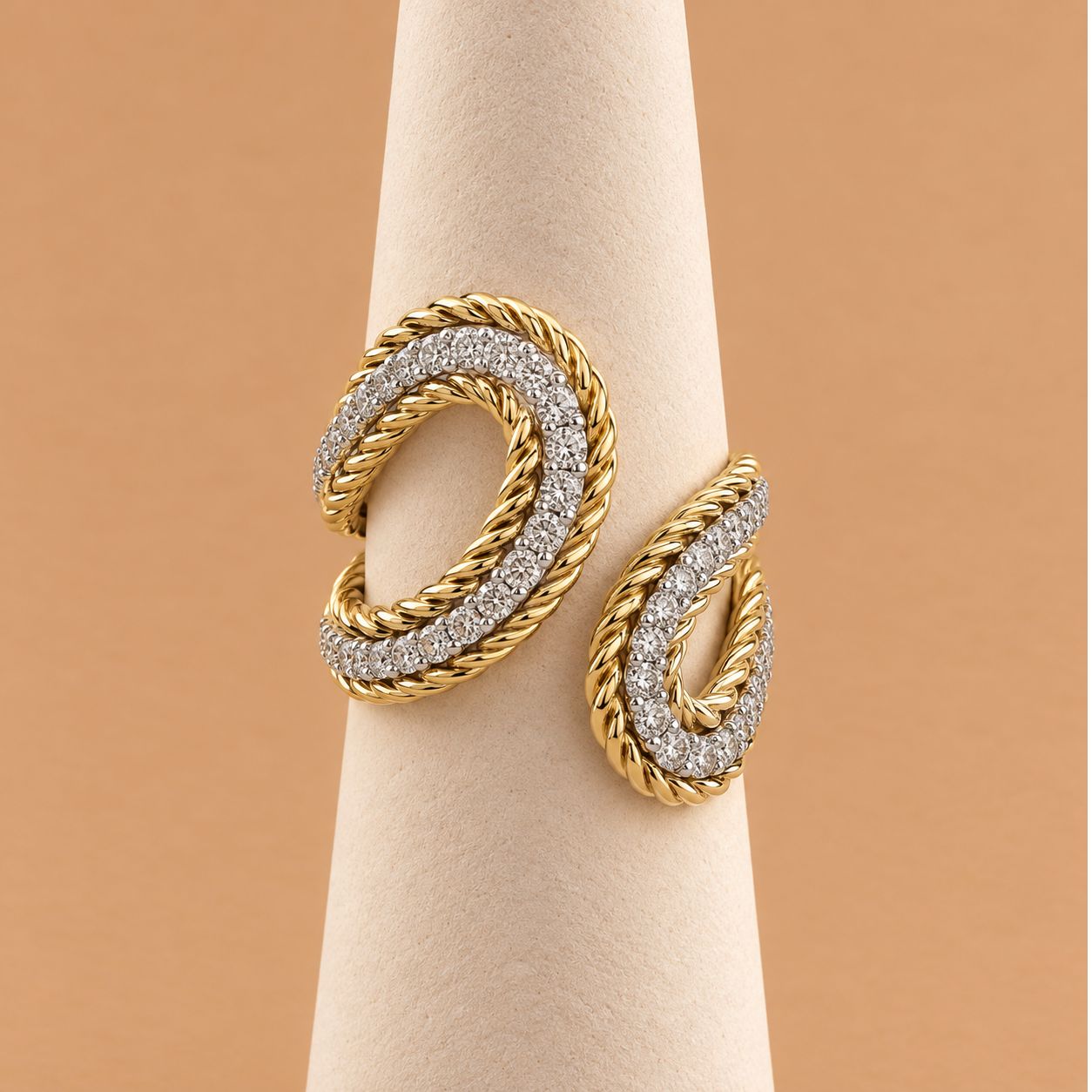Gold Rope Diamond Bypass Ladies Ring