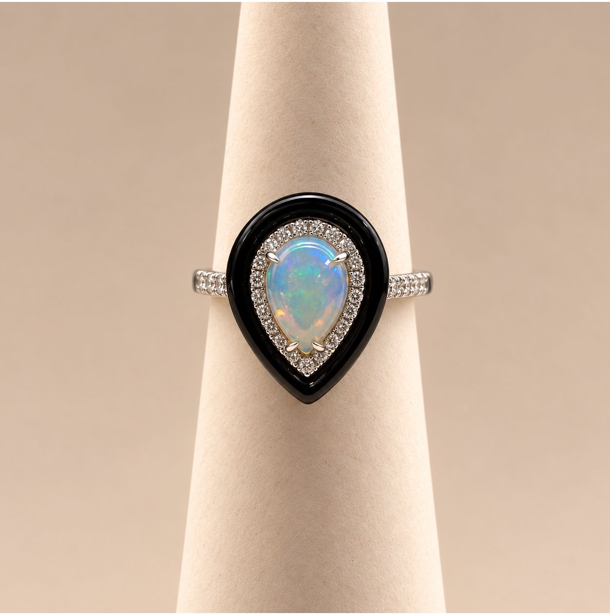Pear-Cut Opal and Black Onyx Double Halo Ring