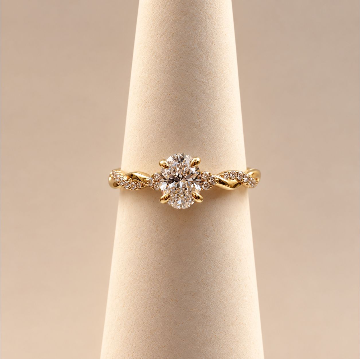 "Maxine" Oval Diamond Solitaire with Yellow Gold Twisted Pavé Shank