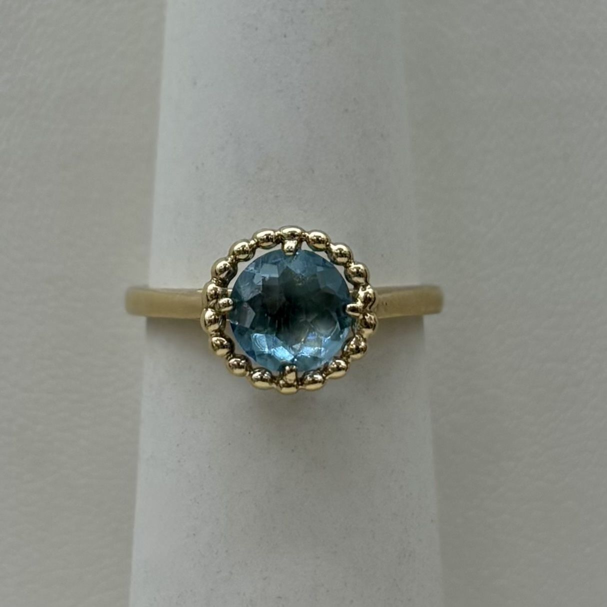 10KY Round Blue Topaz Beaded Halo Ring (2.7g)