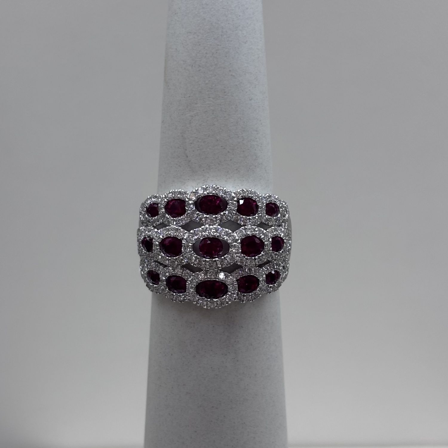 White Gold Multi-Row Ruby &amp; Round-Cut Diamond Cocktail Ring