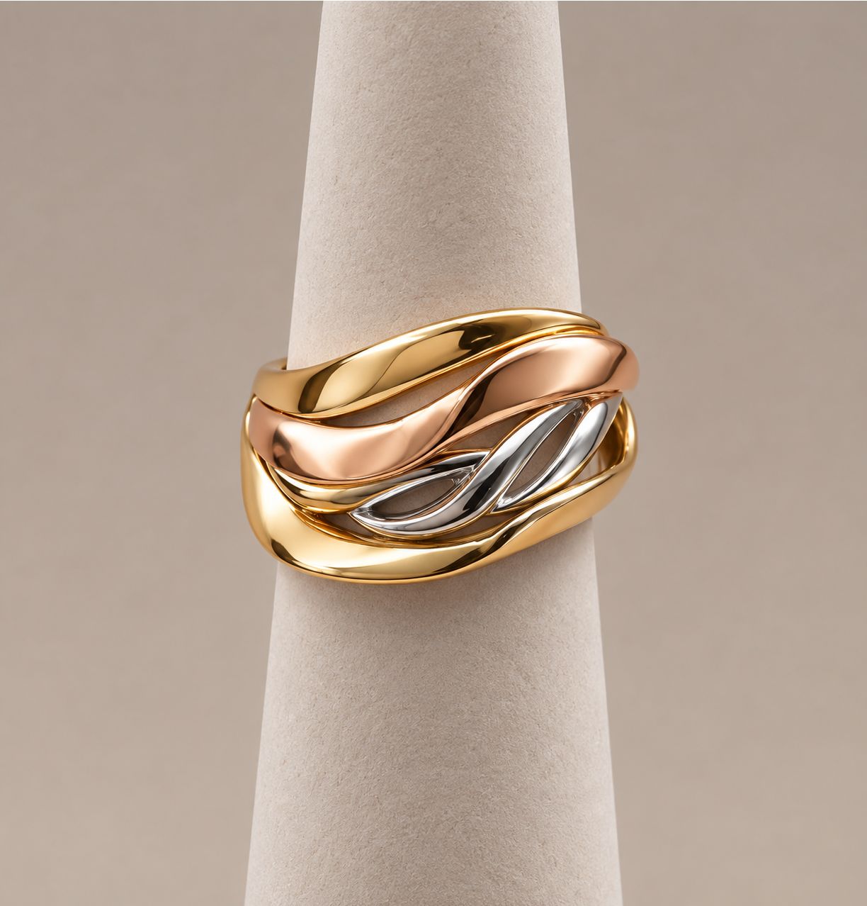 Tri-Color Gold Wave Statement Ring (2.2g)