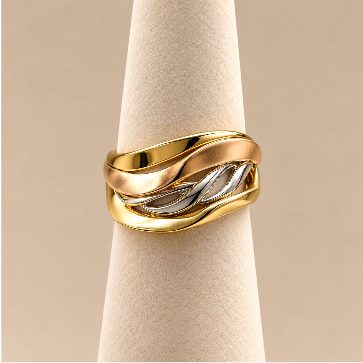 Gold Tri-Color Wave Statement Ring (2.2g)