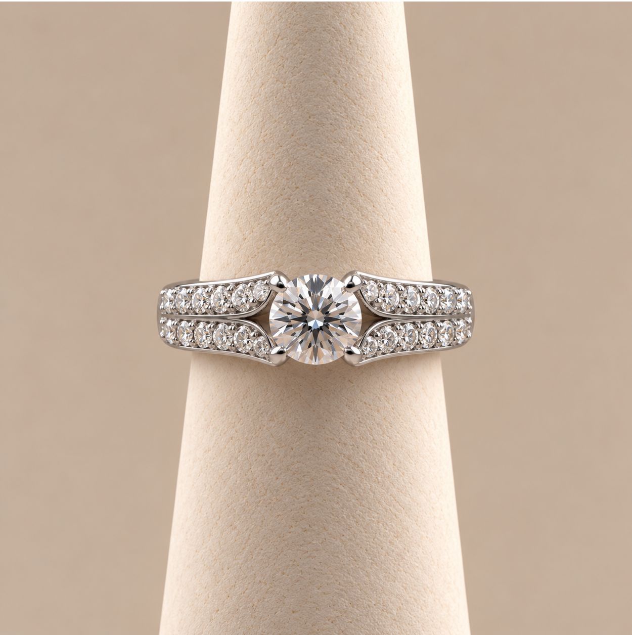 Two-Row Diamond Cathedral Band with Round Center Stone