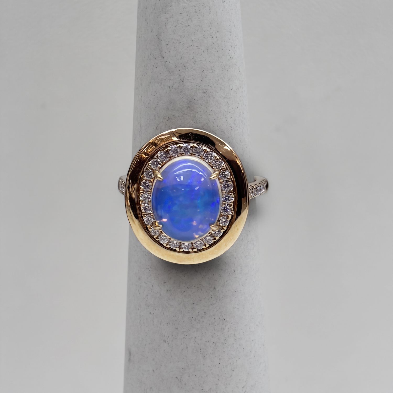 18KY Oval Opal w Halo Diamond Ring