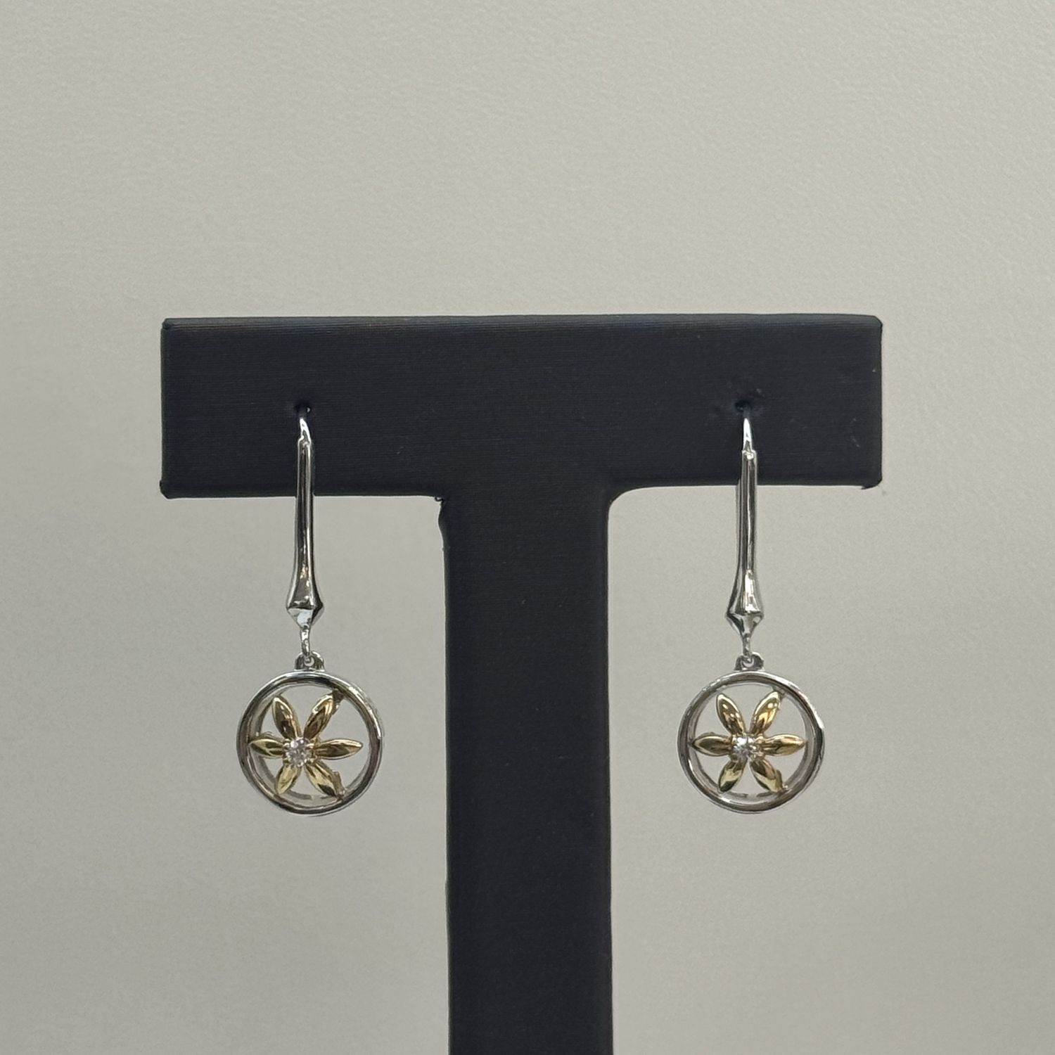 Dia 2-Tone Flower Dangle Fish Hook Earrings