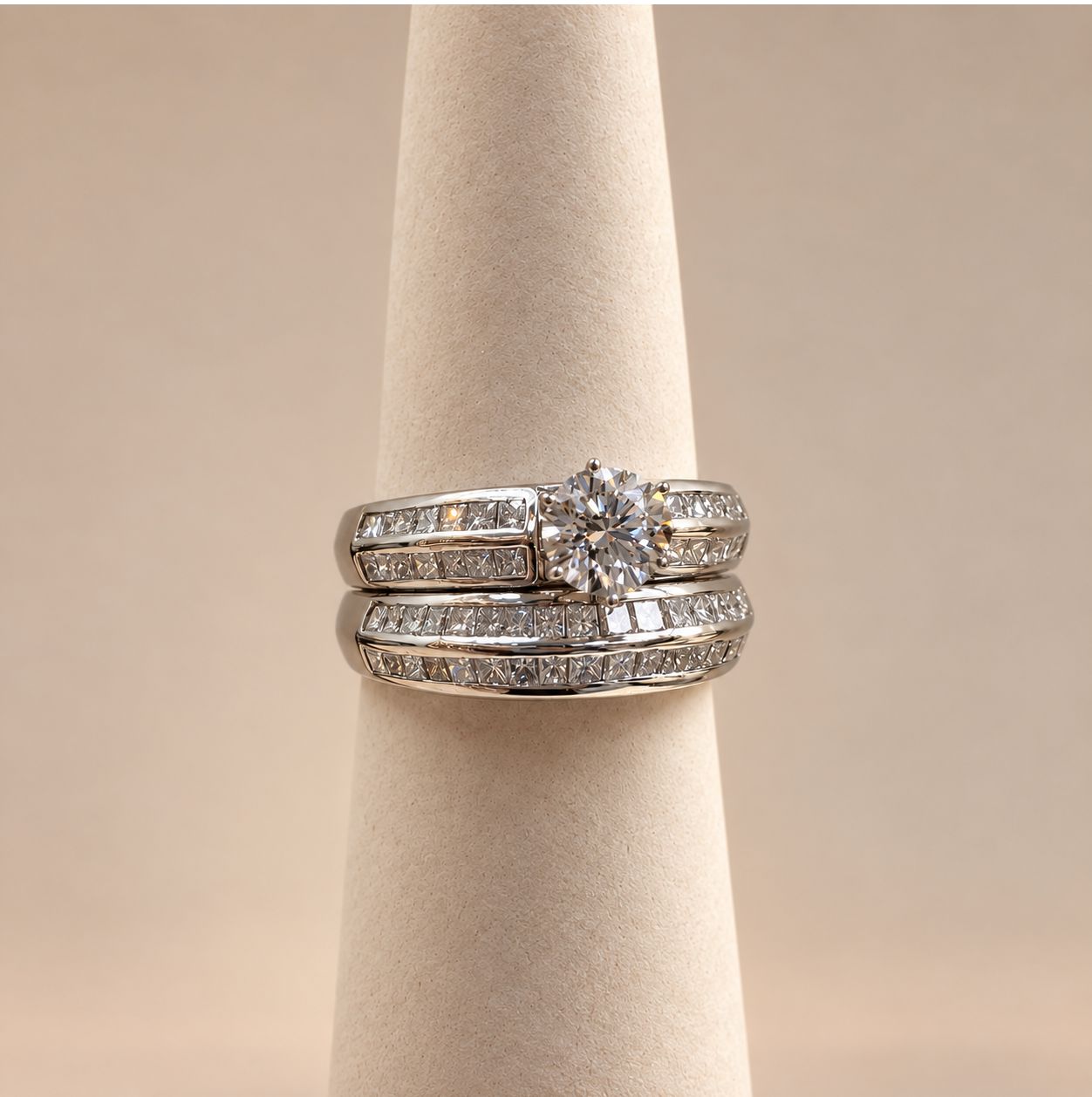 Round Solitaire and Multi-Row Princess-Cut Diamond Bridal Set