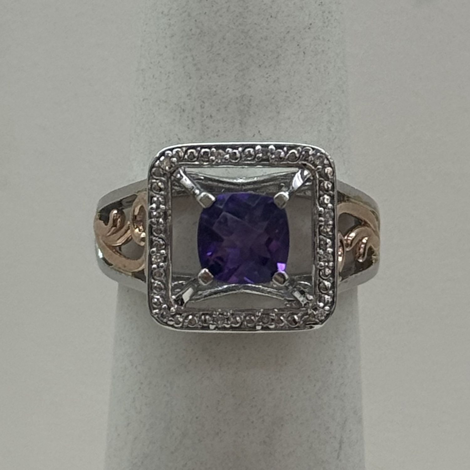 10KWR Amethyst &amp; Diamond Halo Cocktail Ring