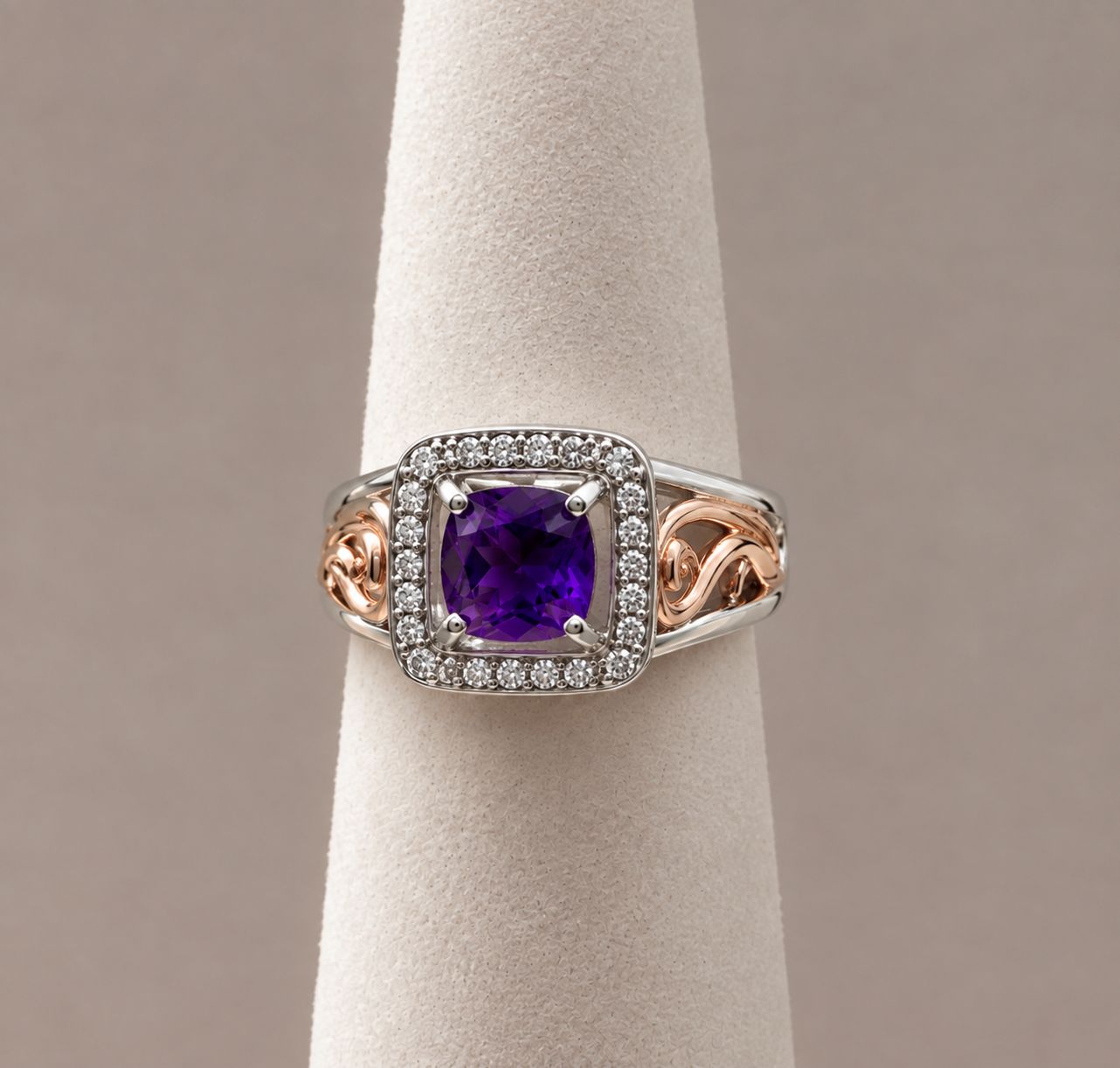 Two-Tone Amethyst &amp; Diamond Halo Ring (4.7g)