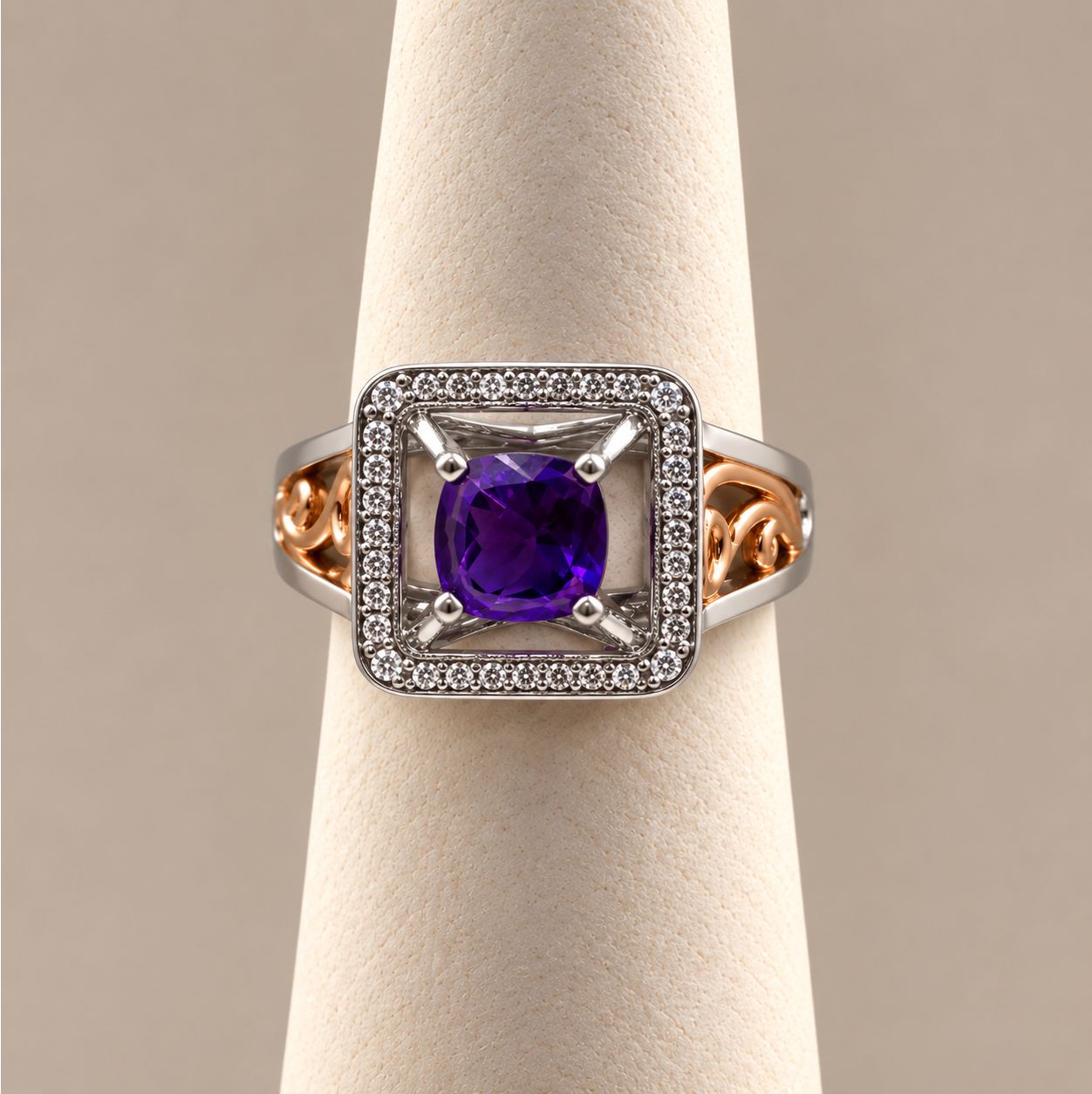 Two-Tone Amethyst &amp; Diamond Halo Ring (4.7g)