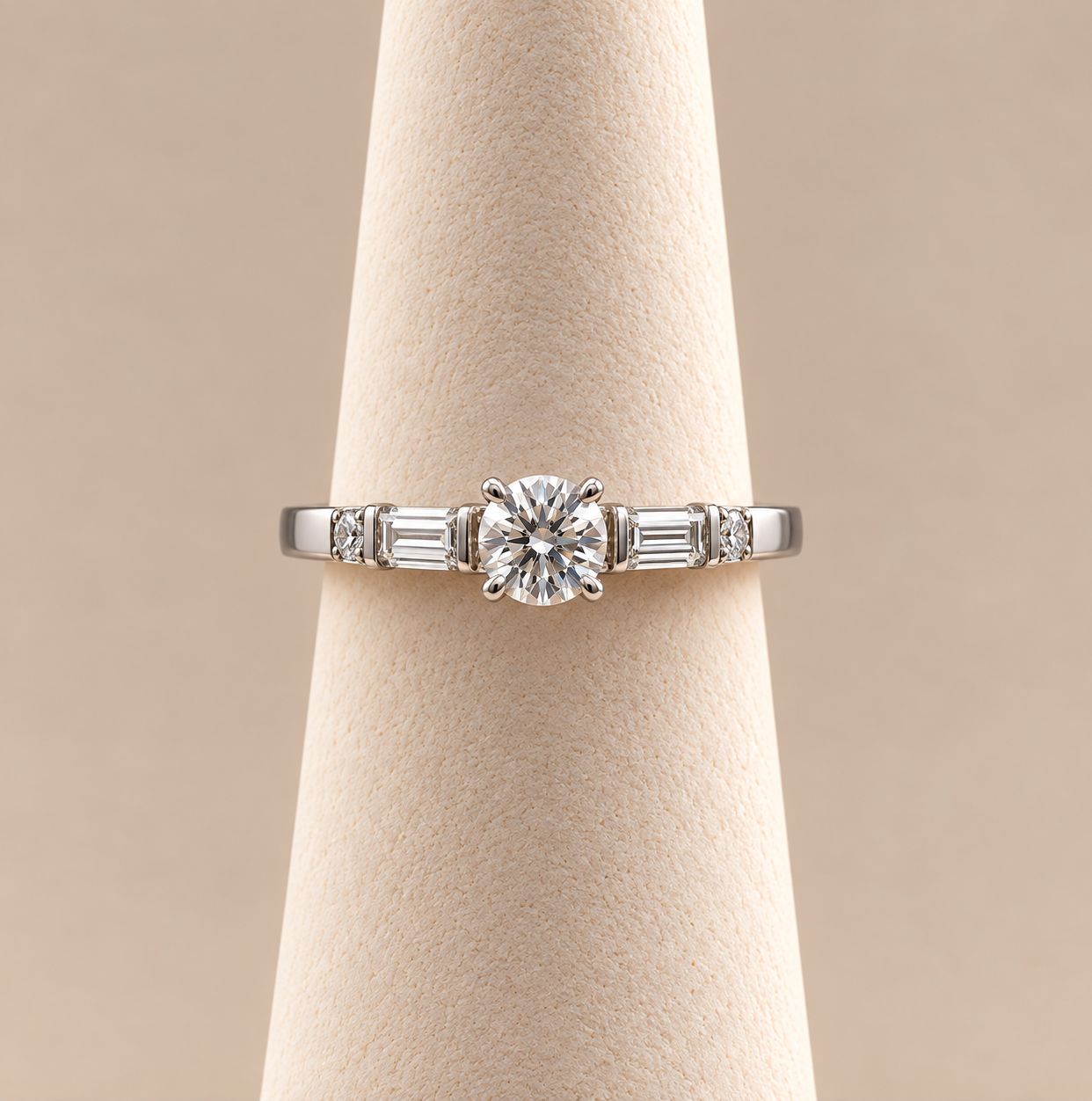 Round Center Stone Diamond Ring with Baguette Sides