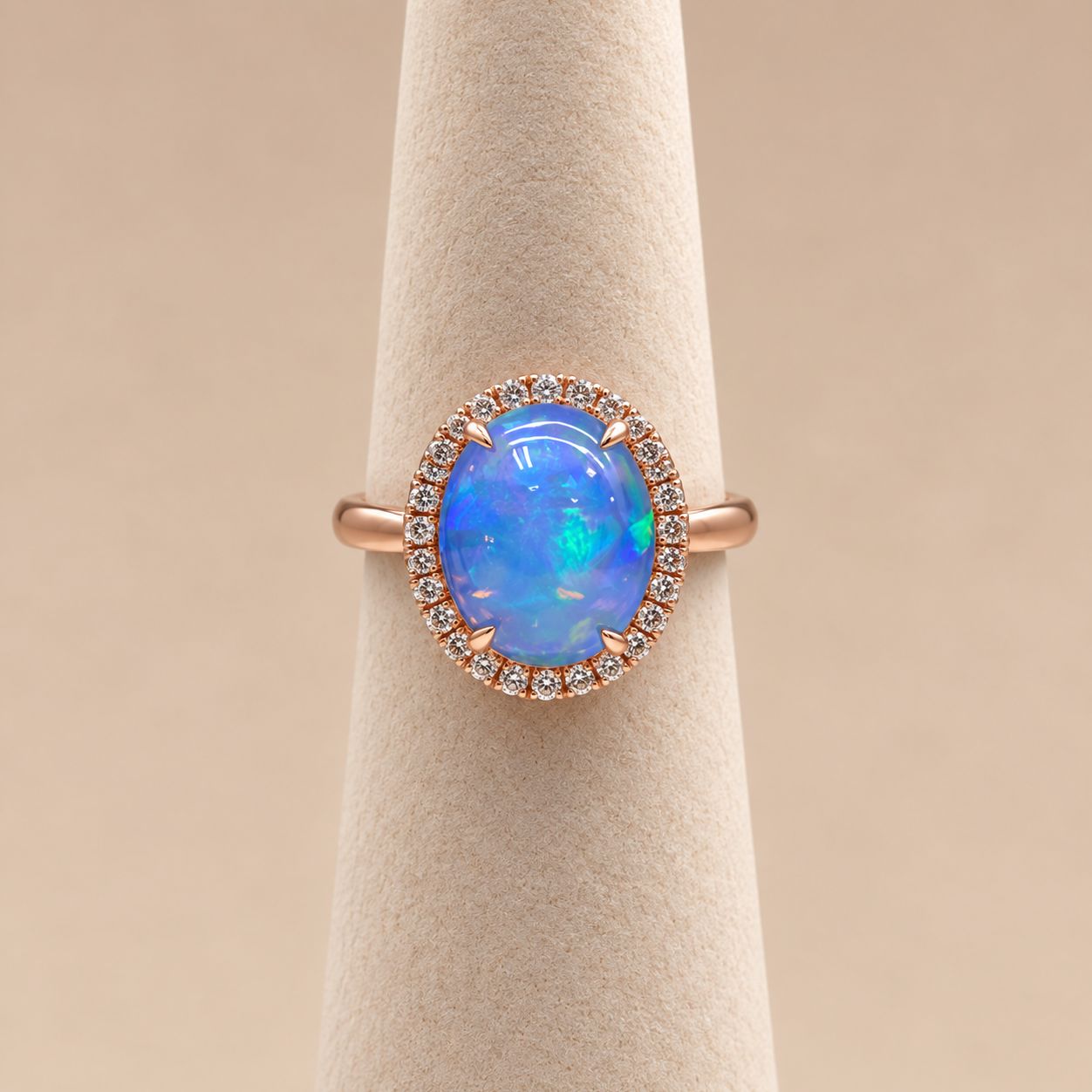 Rose Gold Oval Opal Diamond Halo Ring