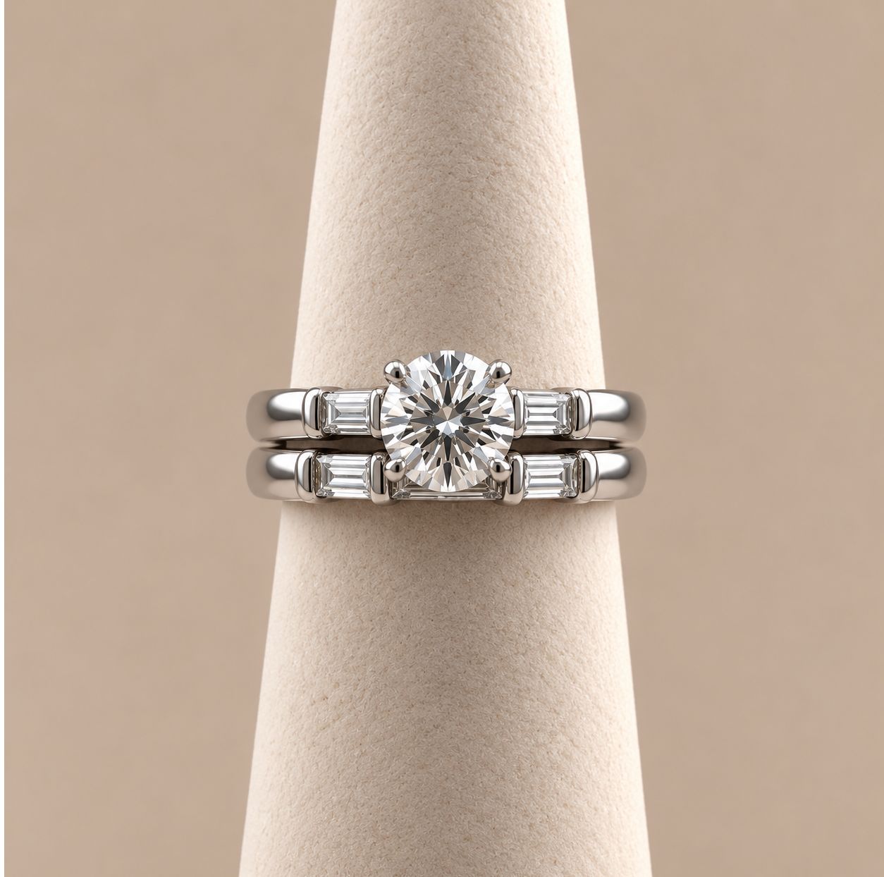 Round Solitaire and Baguette Diamond Bridal Set