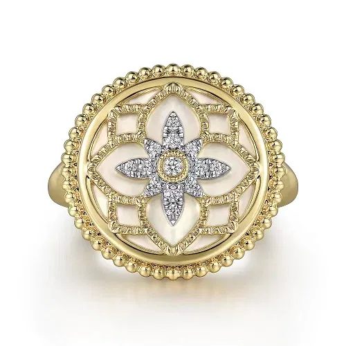 14K Yellow Gold Diamonds &amp; White Mother of Pearl Signet Ring