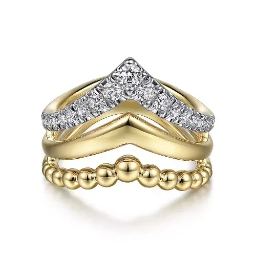 14K Yellow Gold Triple Row Chevron Diamond Ring-Bujukan