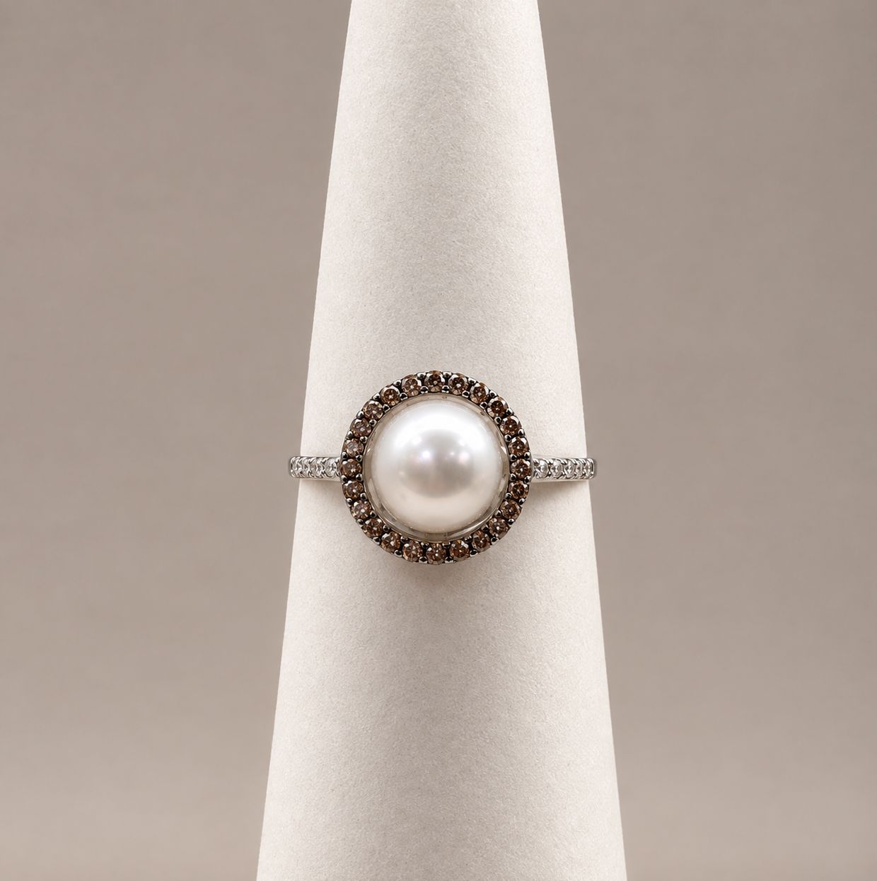 White Pearl Chocolate Diamond Halo Ring (Size 4)